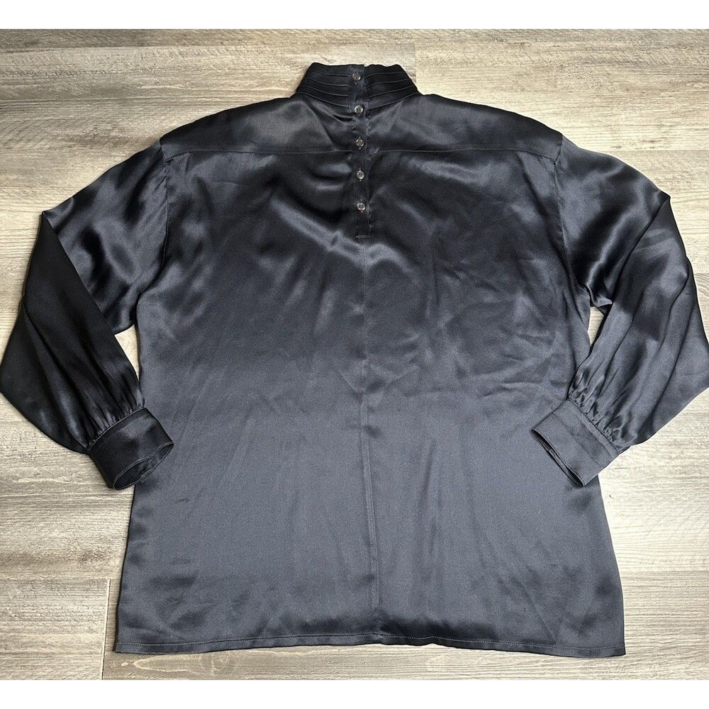 Vtg Escada Margaretha Ley Black Silk Satin Blouse Back Button High Neck 40/Large